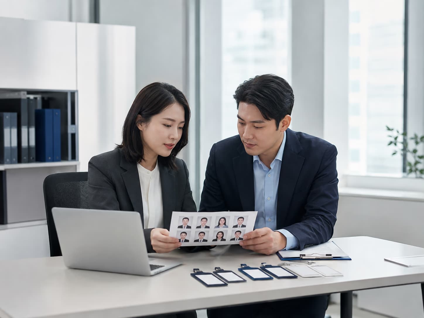 합성된 인사·총무 담당자가 사원증 사진 자료를 확인하는 장면