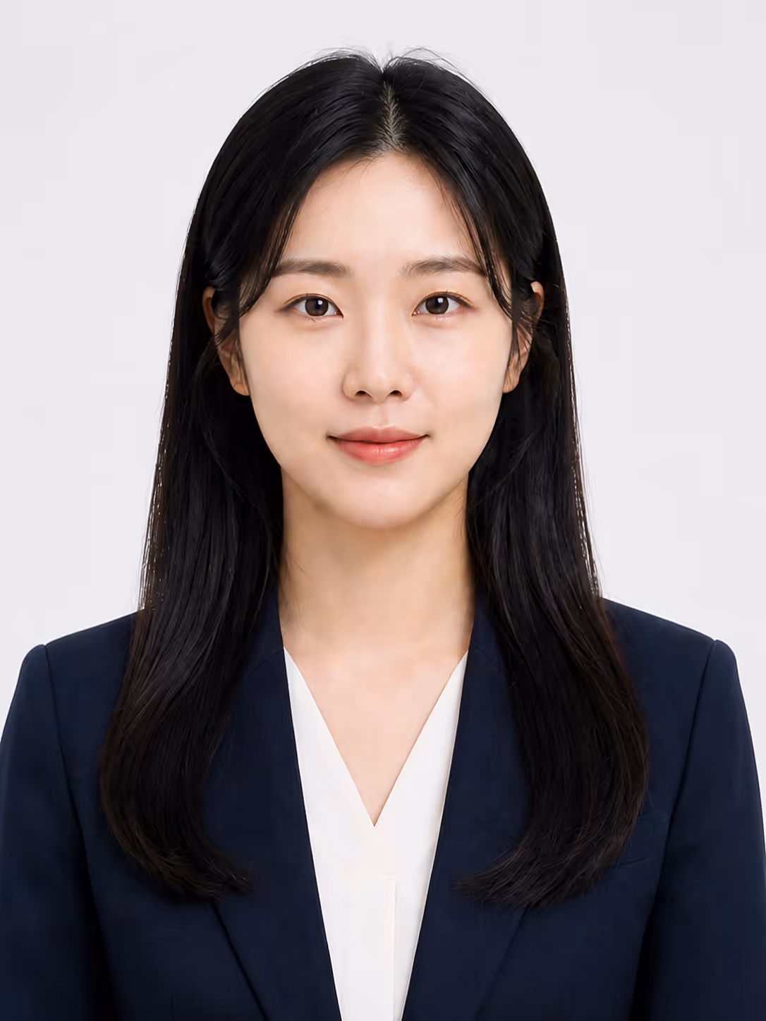 긴 머리에 네이비 재킷을 입은 여성의 합성 인물 사진